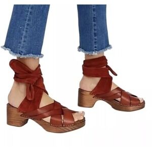 Free People Rust Brown Leather Wrap Clog Sandals